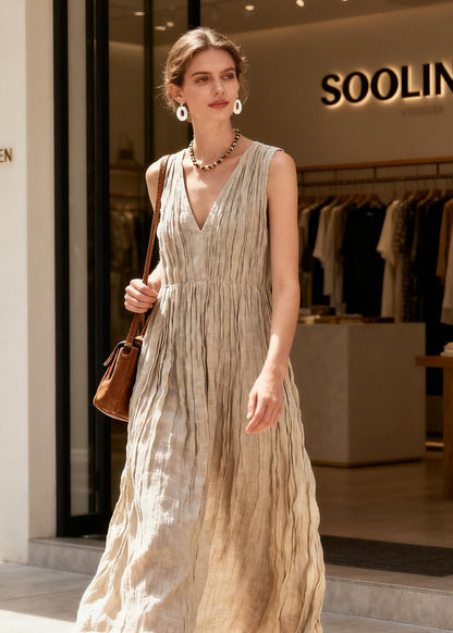 Boutique V Neck Wrinkled Patchwork Cotton Dresses Sleeveless