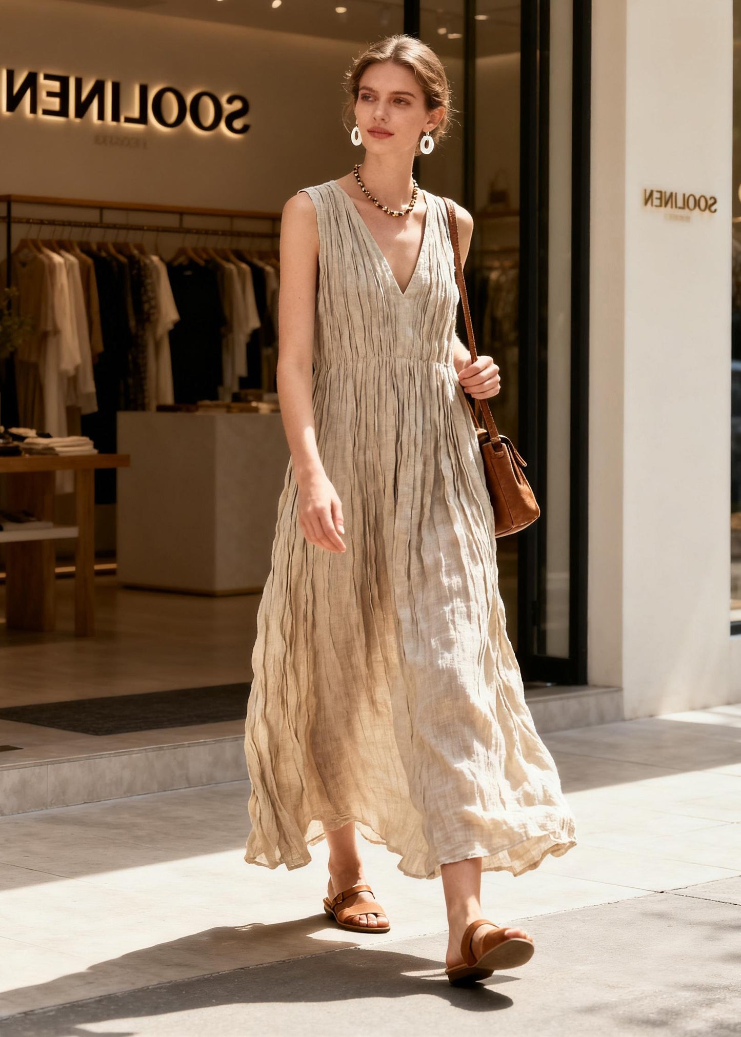 Boutique V Neck Wrinkled Patchwork Cotton Dresses Sleeveless