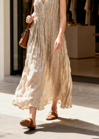 Boutique V Neck Wrinkled Patchwork Cotton Dresses Sleeveless