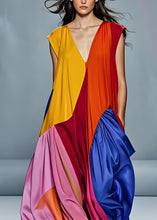 Load image into Gallery viewer, Boutique V Neck Wrinkled Patchwork Silk Long Dress Sleeveless