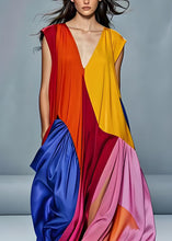 Load image into Gallery viewer, Boutique V Neck Wrinkled Patchwork Silk Long Dress Sleeveless