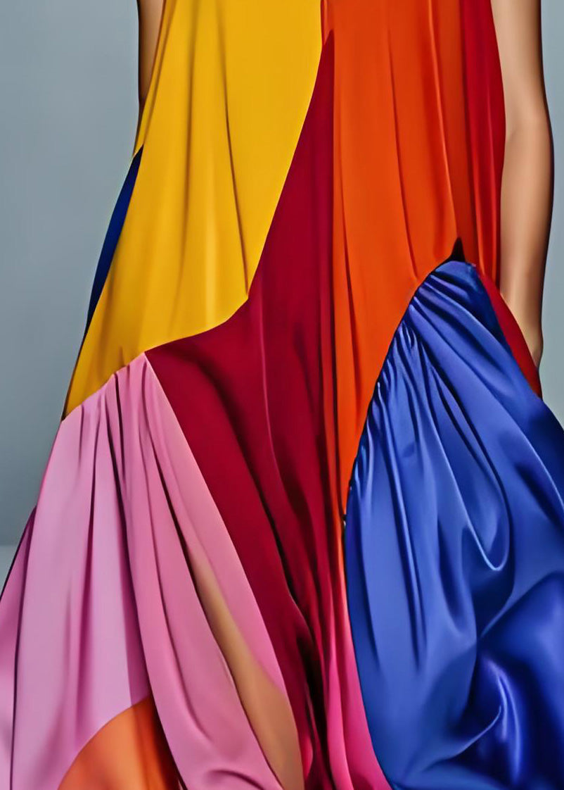 Boutique V Neck Wrinkled Patchwork Silk Long Dress Sleeveless