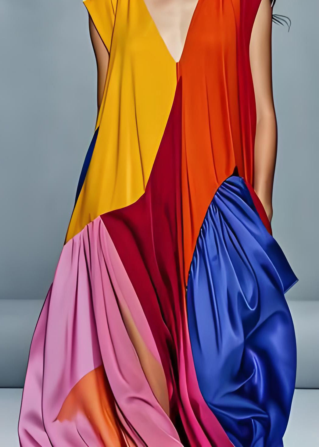 Boutique V Neck Wrinkled Patchwork Silk Long Dress Sleeveless