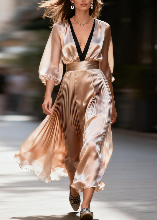 Boutique V Neck Wrinkled Patchwork Silk Maxi Dresses Summer