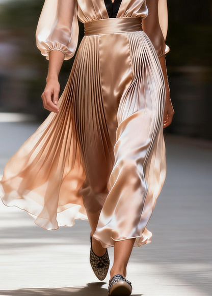 Boutique V Neck Wrinkled Patchwork Silk Maxi Dresses Summer