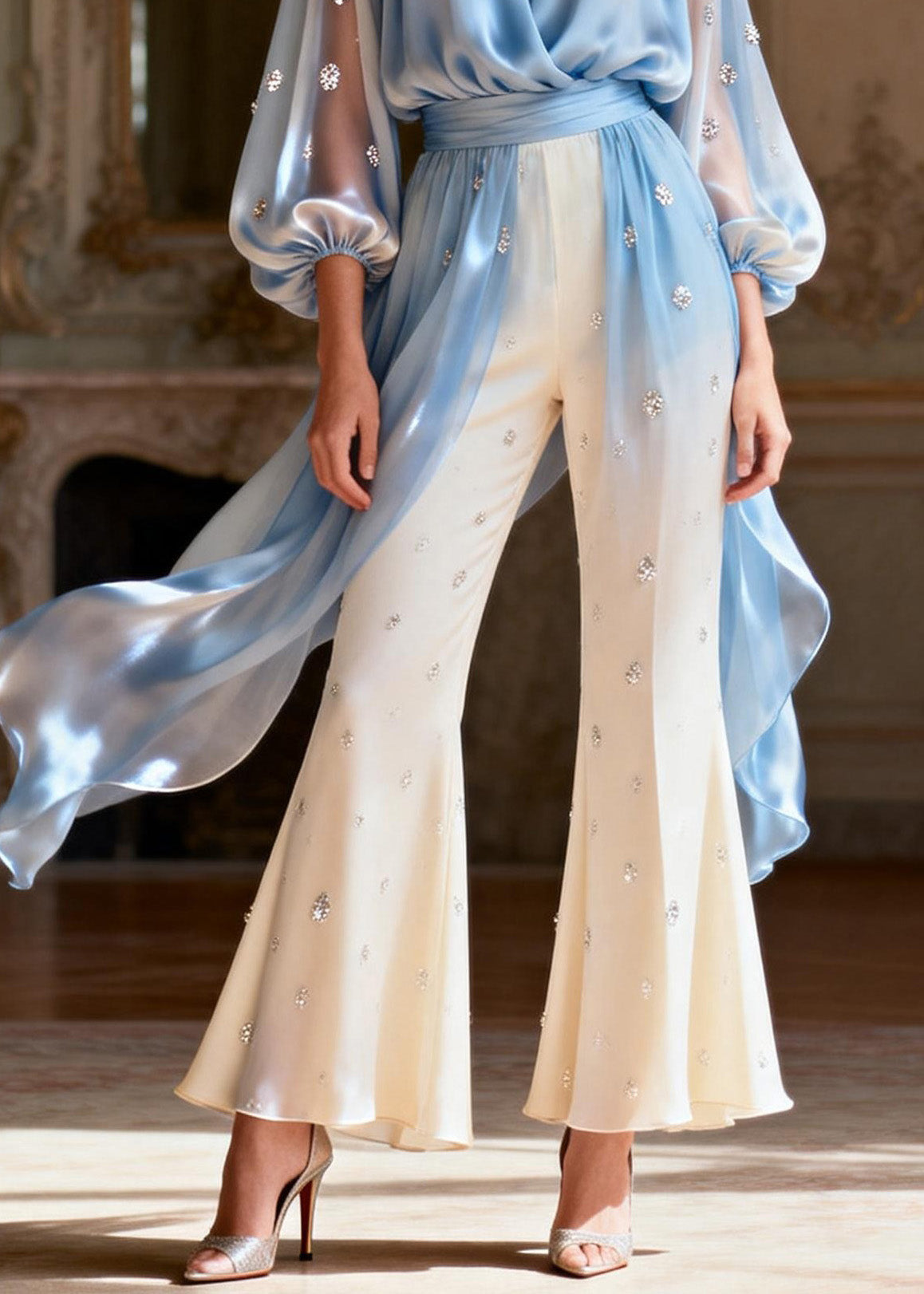 Boutique V Neck Zircon Patchwork Silk Two Pieces Set Spring