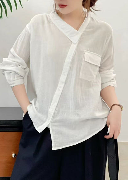 Boutique White Asymmetrical Patchwork Cotton Tops Fall
