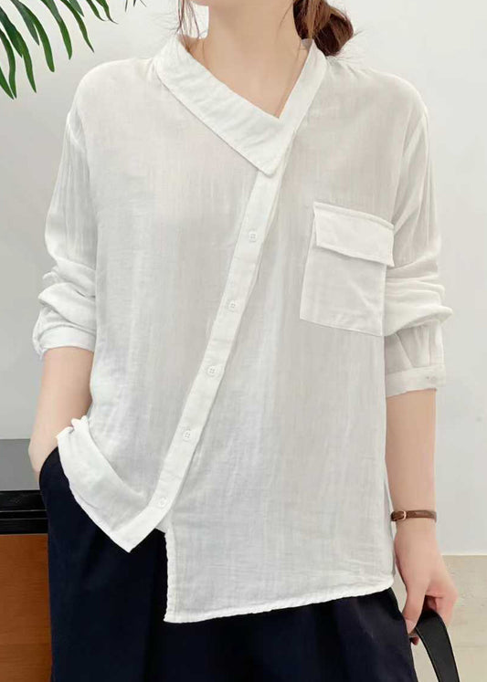 Boutique White Asymmetrical Patchwork Cotton Tops Fall