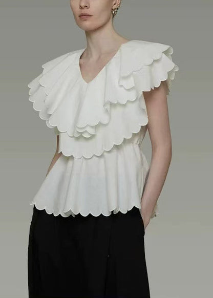 Boutique White Double-layer Ruffled Cotton Blouses Summer
