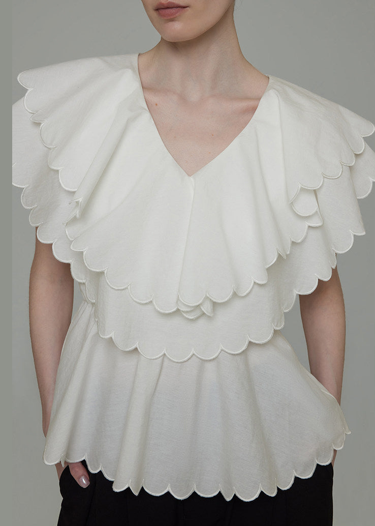Boutique White Double-layer Ruffled Cotton Blouses Summer