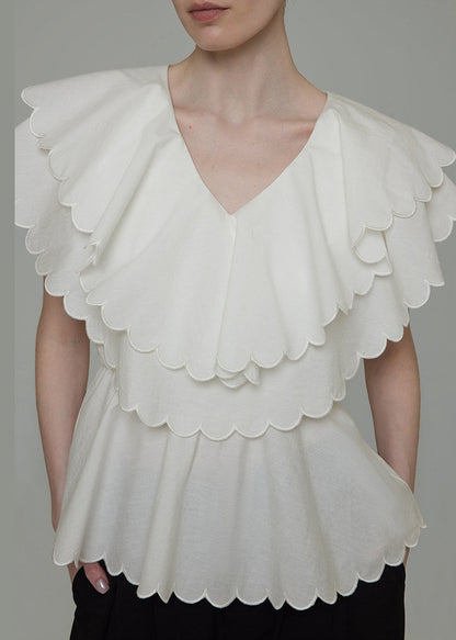 Boutique White Double-layer Ruffled Cotton Blouses Summer