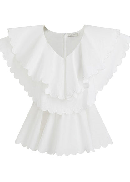 Boutique White Double-layer Ruffled Cotton Blouses Summer