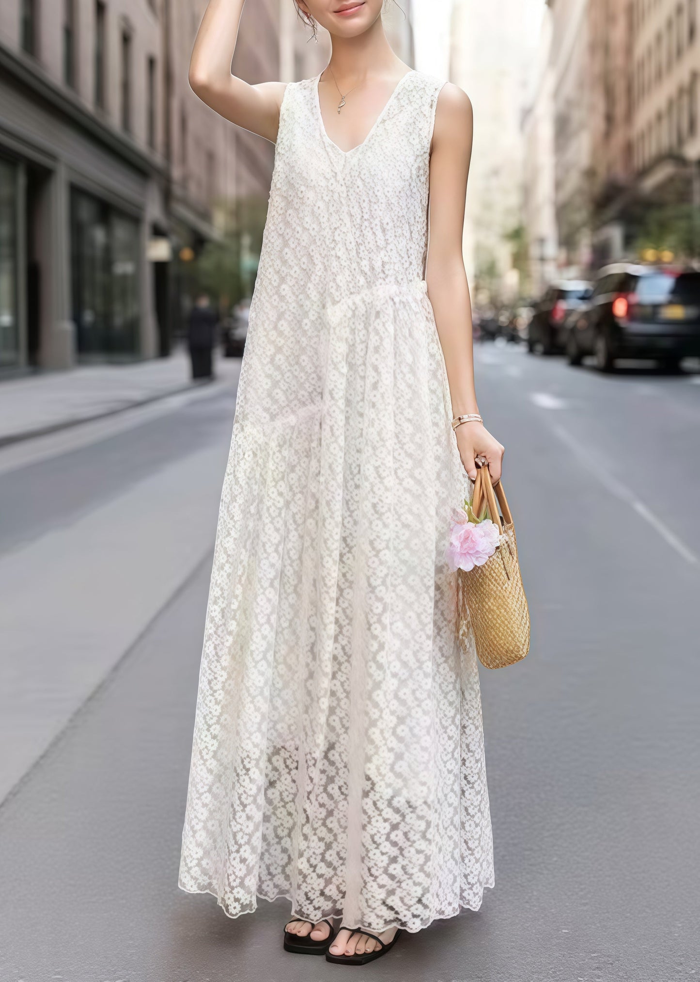 Boutique White Embroidered Hollow Out Tulle Robe Dresses Sleeveless