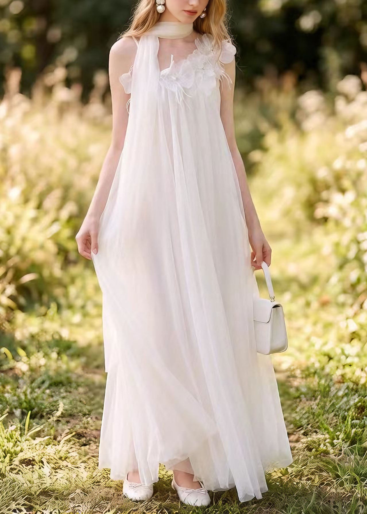 Boutique White Floral Nail Bead Tulle Long Dress Summer