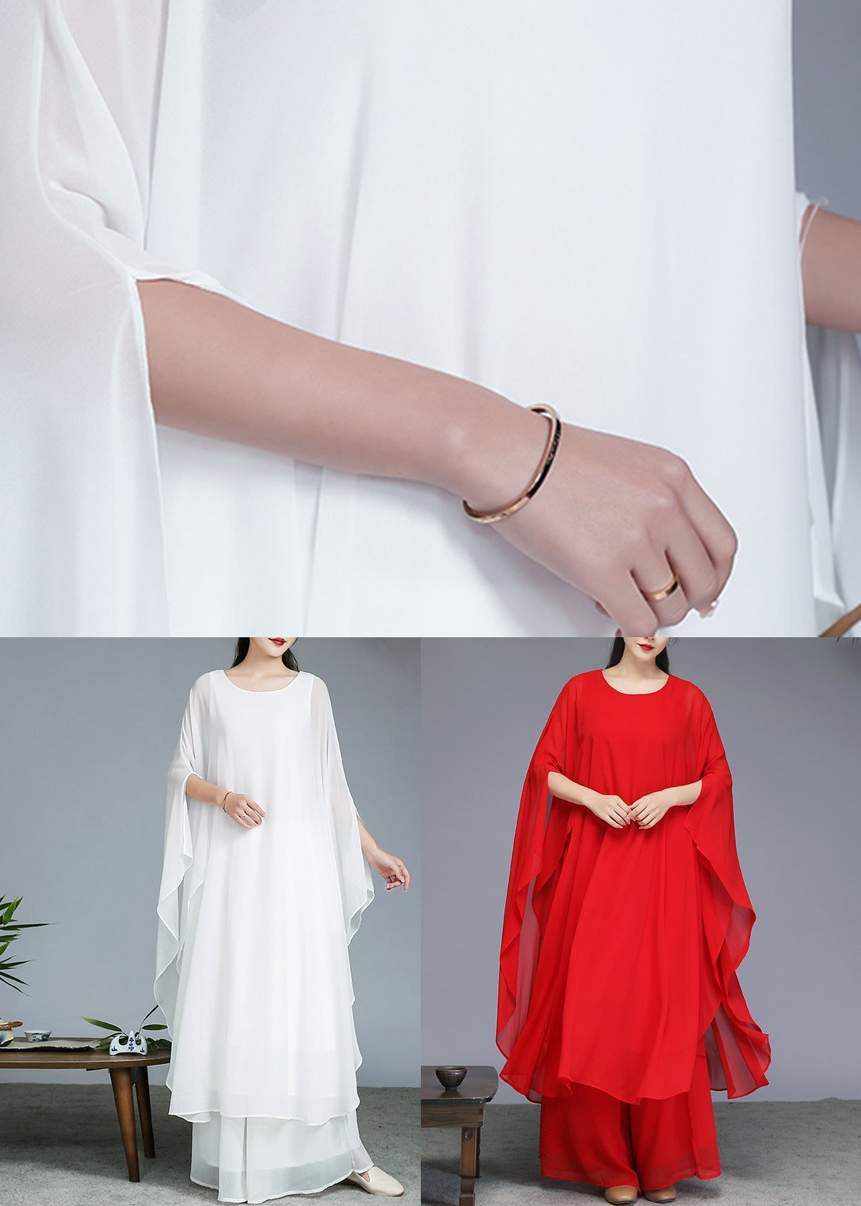 Boutique White O-Neck Chiffon Long Dress And Wide Leg Pants Two Pieces Set Fall