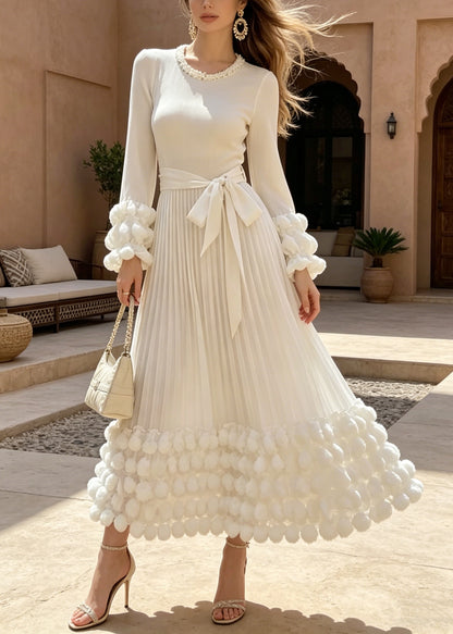 Boutique White O Neck Nail Bead Puff Wrinkled Cotton Dresses Fall