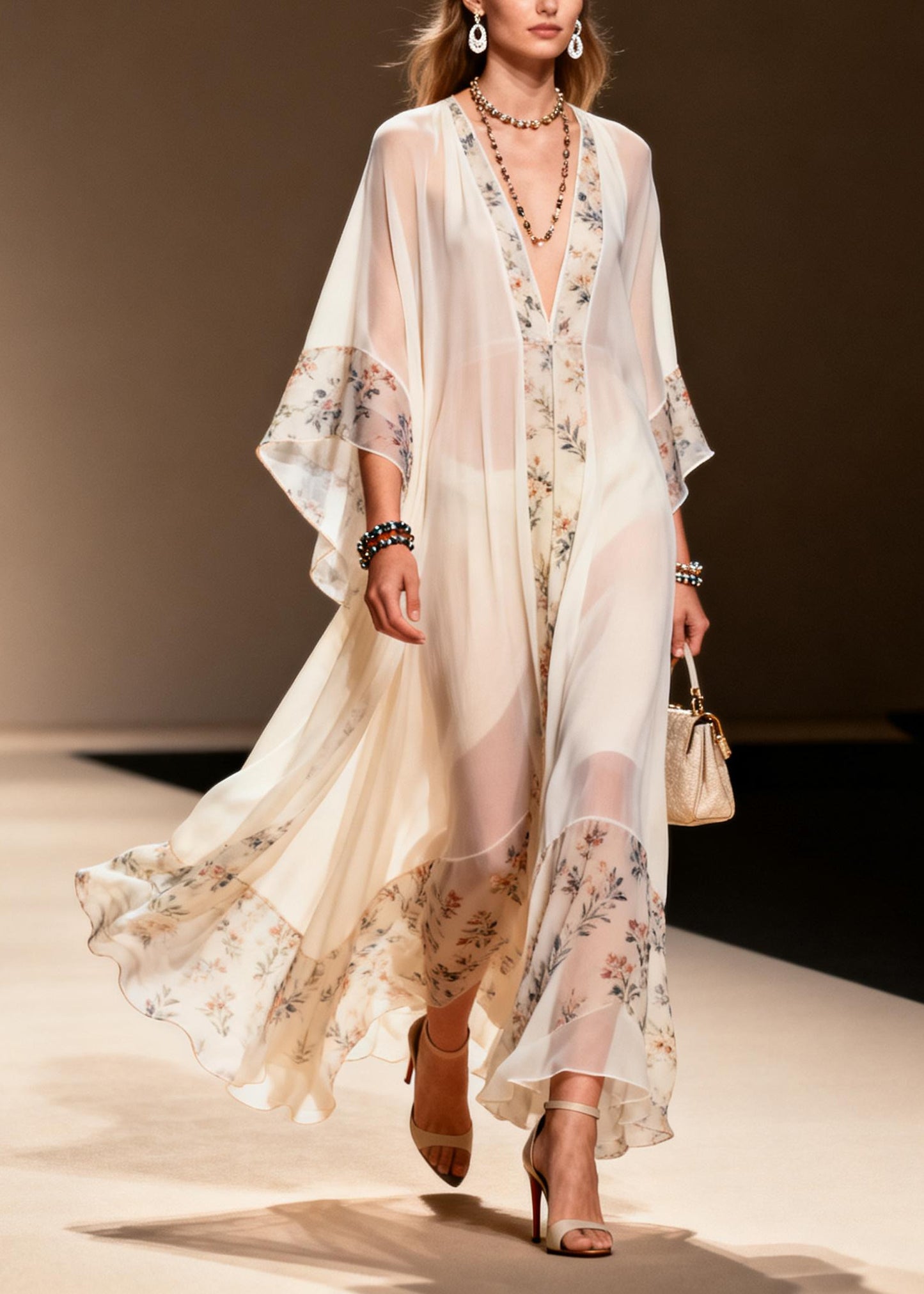 Boutique White Oversized Patchwork Print Chiffon Ankle Dress Summer
