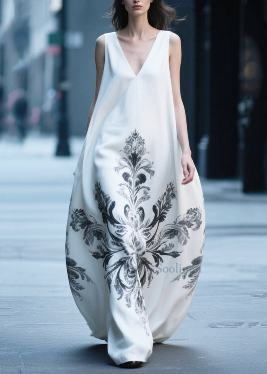 Boutique White Oversized Print Cotton Holiday Dress Sleeveless