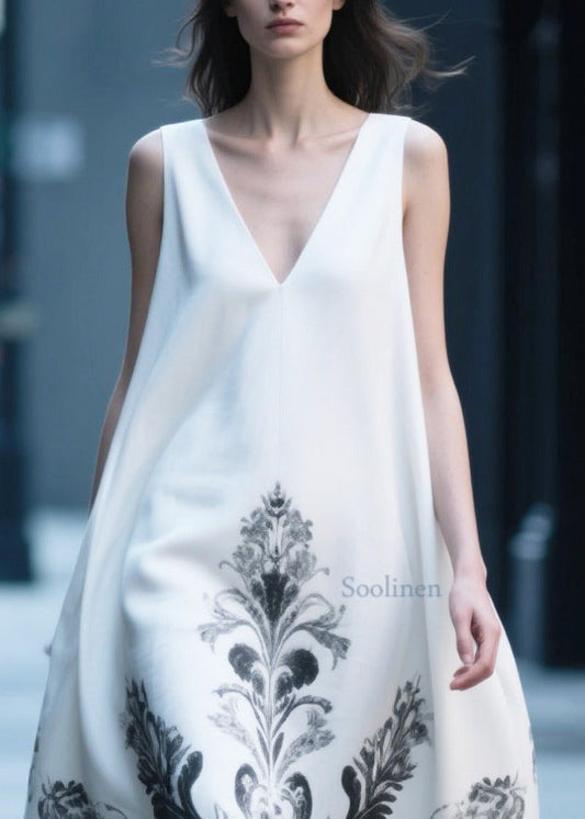 Boutique White Oversized Print Cotton Holiday Dress Sleeveless