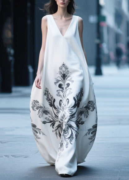 Boutique White Oversized Print Cotton Holiday Dress Sleeveless