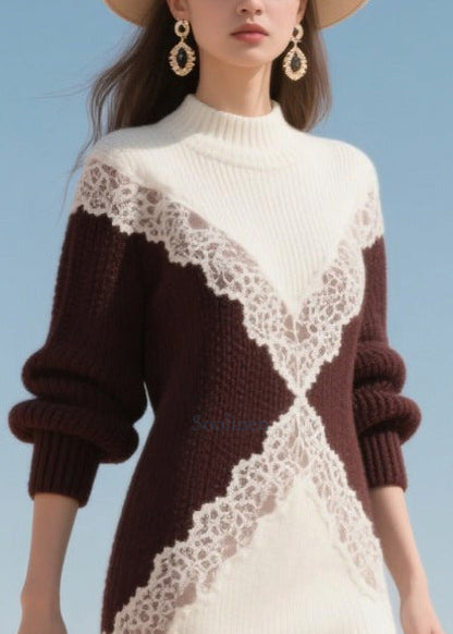 Boutique White Patchwork Lace Warm Knit Dress Winter