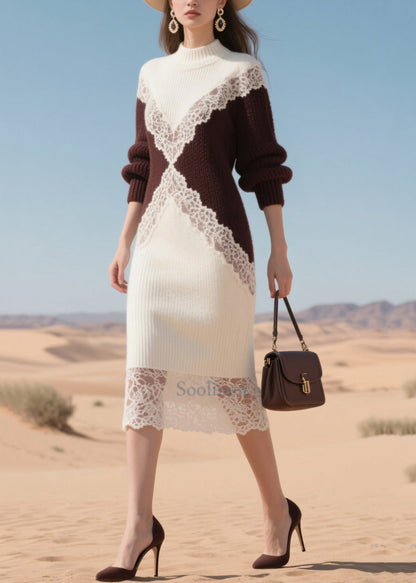 Boutique White Patchwork Lace Warm Knit Dress Winter
