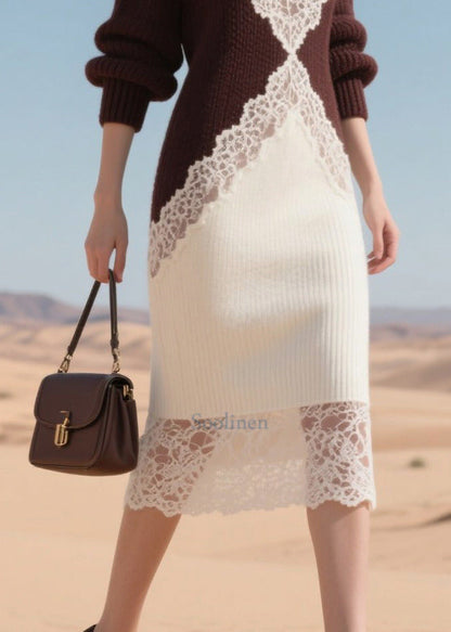 Boutique White Patchwork Lace Warm Knit Dress Winter