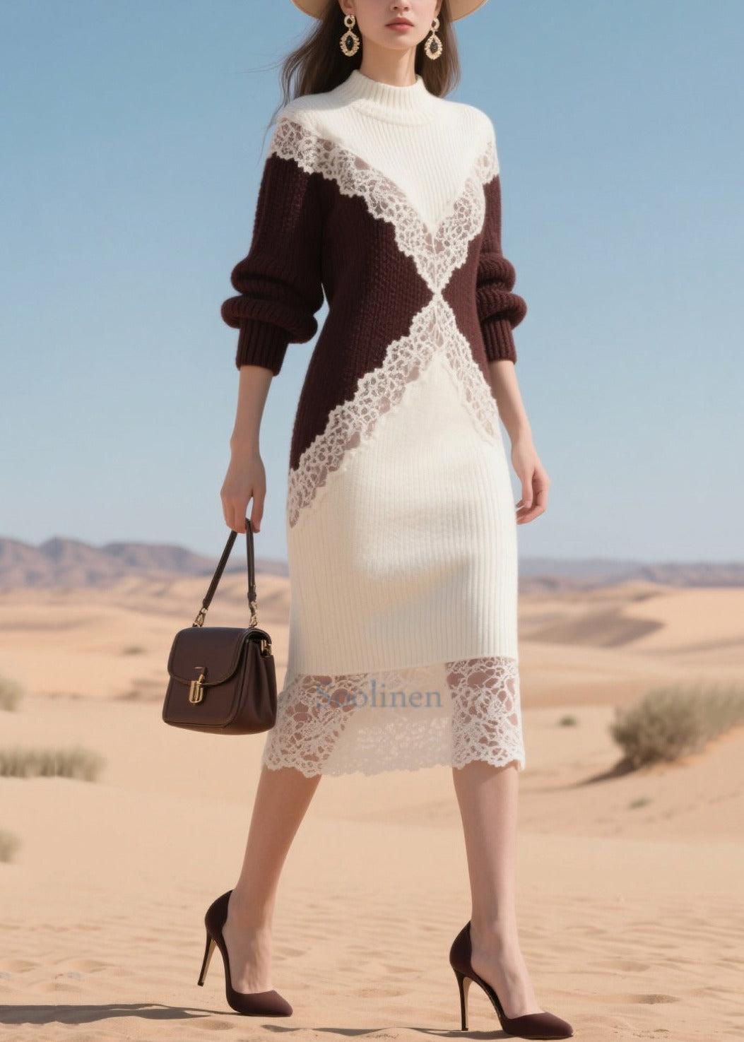 Boutique White Patchwork Lace Warm Knit Dress Winter