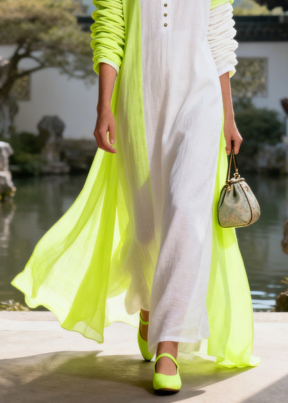 Boutique White Patchwork Light Green Button Maxi Dress Long Sleeve