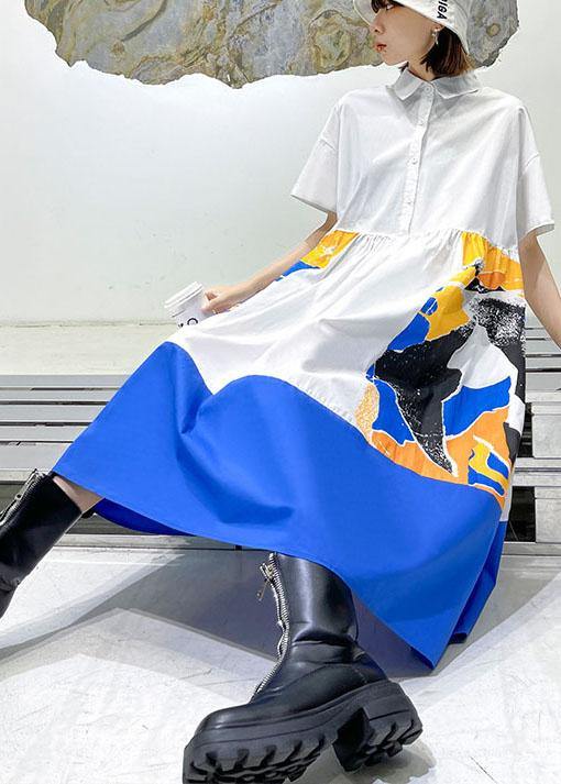 Boutique White Patchwork Print Button Dress Summer Cotton Dress - SooLinen