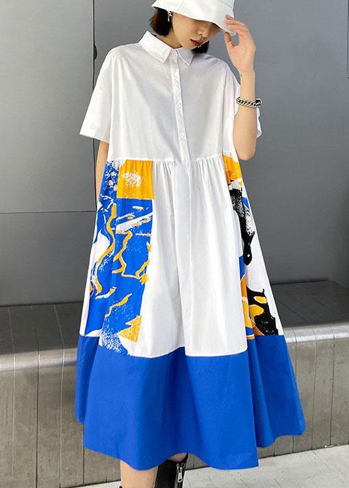 Boutique White Patchwork Print Button Dress Summer Cotton Dress - SooLinen