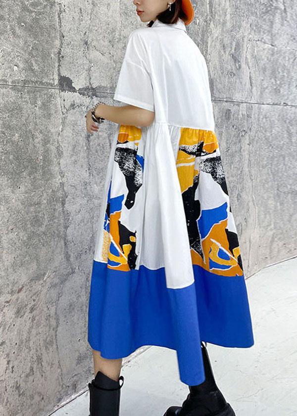 Boutique White Patchwork Print Button Dress Summer Cotton Dress - SooLinen