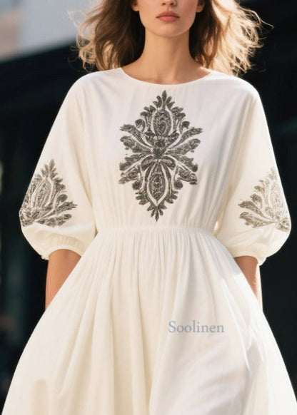 Boutique White Puff Sleeve Print Cotton Party Dress