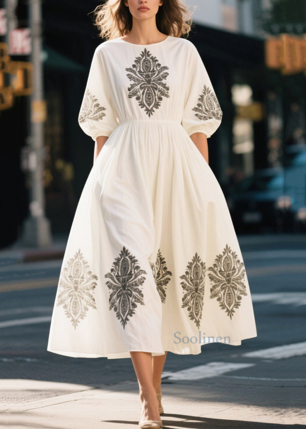 Boutique White Puff Sleeve Print Cotton Party Dress