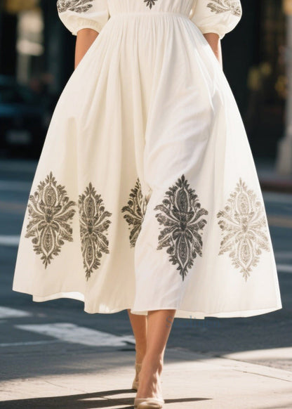 Boutique White Puff Sleeve Print Cotton Party Dress