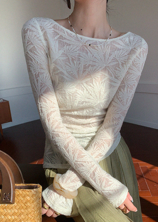 Boutique White Slash Neck Jacquard Wool Knit Tops Spring