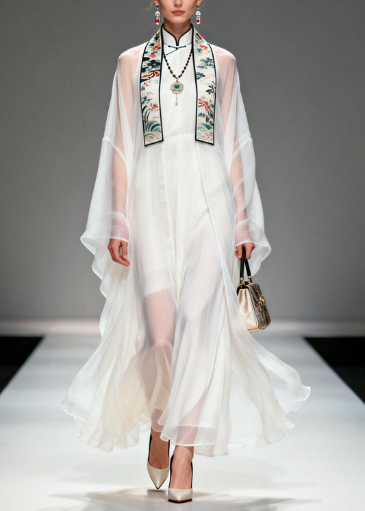 Boutique White Stand Collar Patchwork Chiffon Two Pieces Set Summer