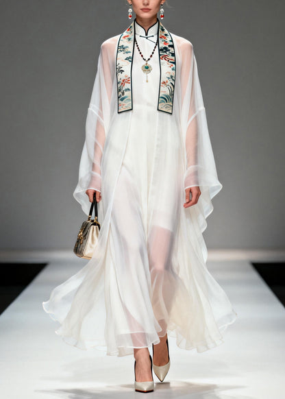 Boutique White Stand Collar Patchwork Chiffon Two Pieces Set Summer