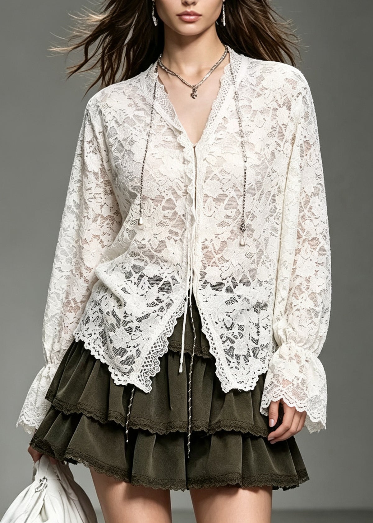 Boutique White V Neck Patchwork Lace Blouse Top Fall