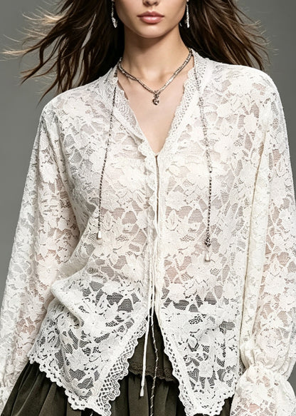 Boutique White V Neck Patchwork Lace Blouse Top Fall