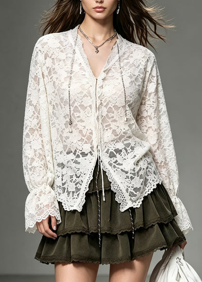 Boutique White V Neck Patchwork Lace Blouse Top Fall