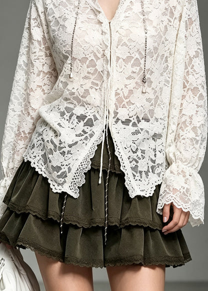 Boutique White V Neck Patchwork Lace Blouse Top Fall