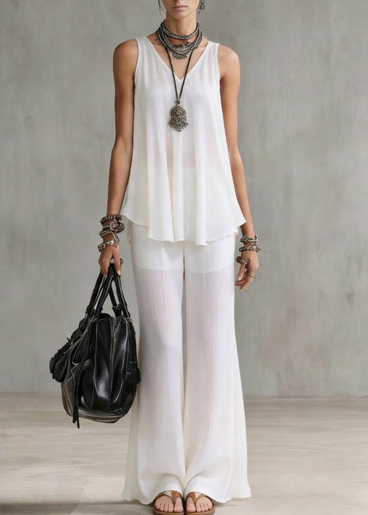 Boutique White V Neck Solid Tops And Wide Leg Pants Chiffon Two Pieces Set Summer