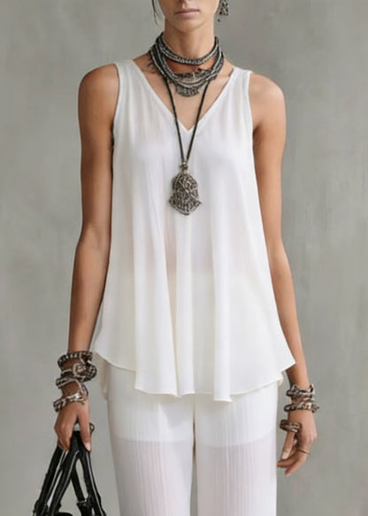 Boutique White V Neck Solid Tops And Wide Leg Pants Chiffon Two Pieces Set Summer