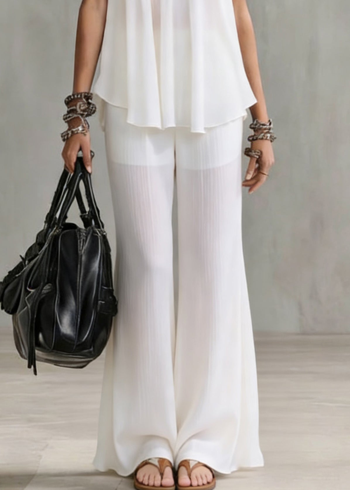 Boutique White V Neck Solid Tops And Wide Leg Pants Chiffon Two Pieces Set Summer