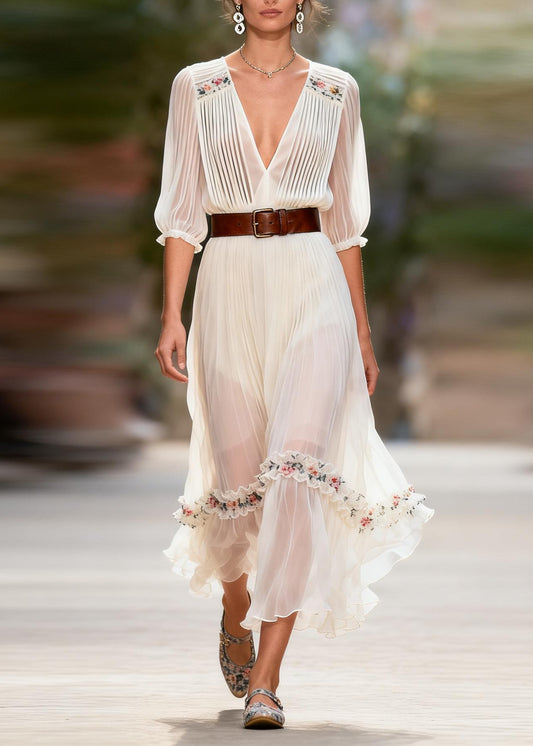 Boutique White V Neck Wrinkled Floral Patchwork Chiffon Dresses Summer