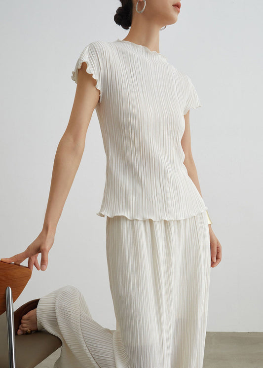 Boutique White Wrinkled T Shirt Pants Cotton Two Pieces Set Summer