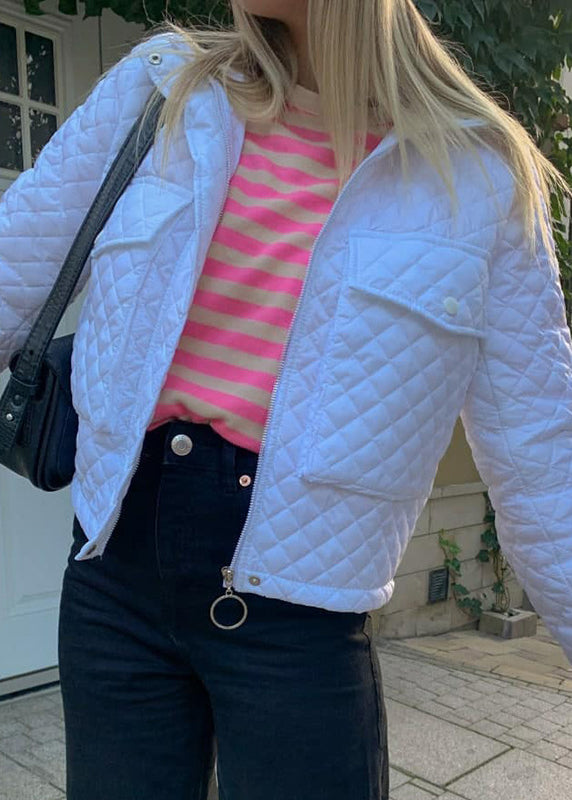 Boutique White Zippered Pockets Fine Cotton Filled Jacket Winter