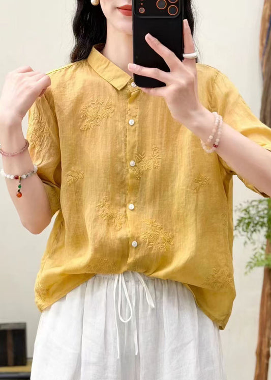 Boutique Yellow Embroidered Linen Loose Shirts Summer