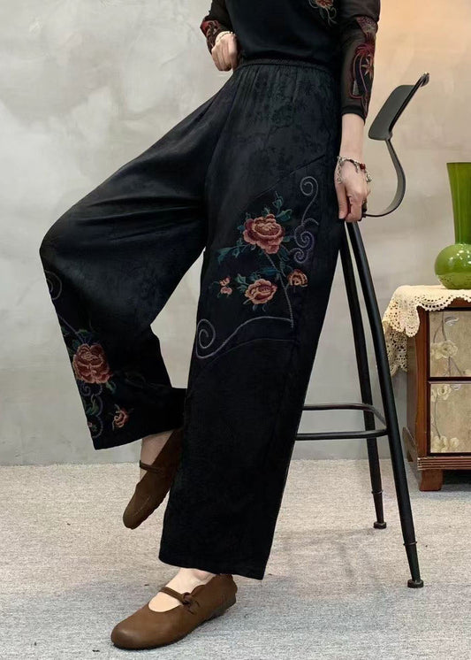 Boutique Yellow Embroidered Pockets Elastic Waist Silk Pants Spring